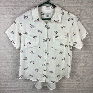 RAE DUNN Bicycle Flowers in Basket Linen Button Up Shirt Medium Novelty Print